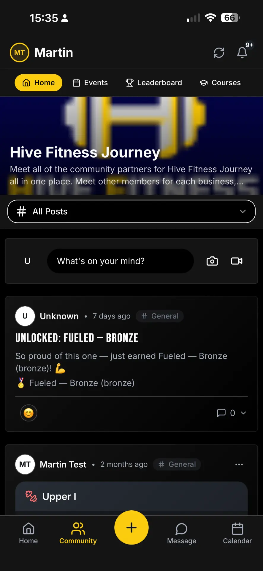Community feed inside the Hive Fitness Journey app