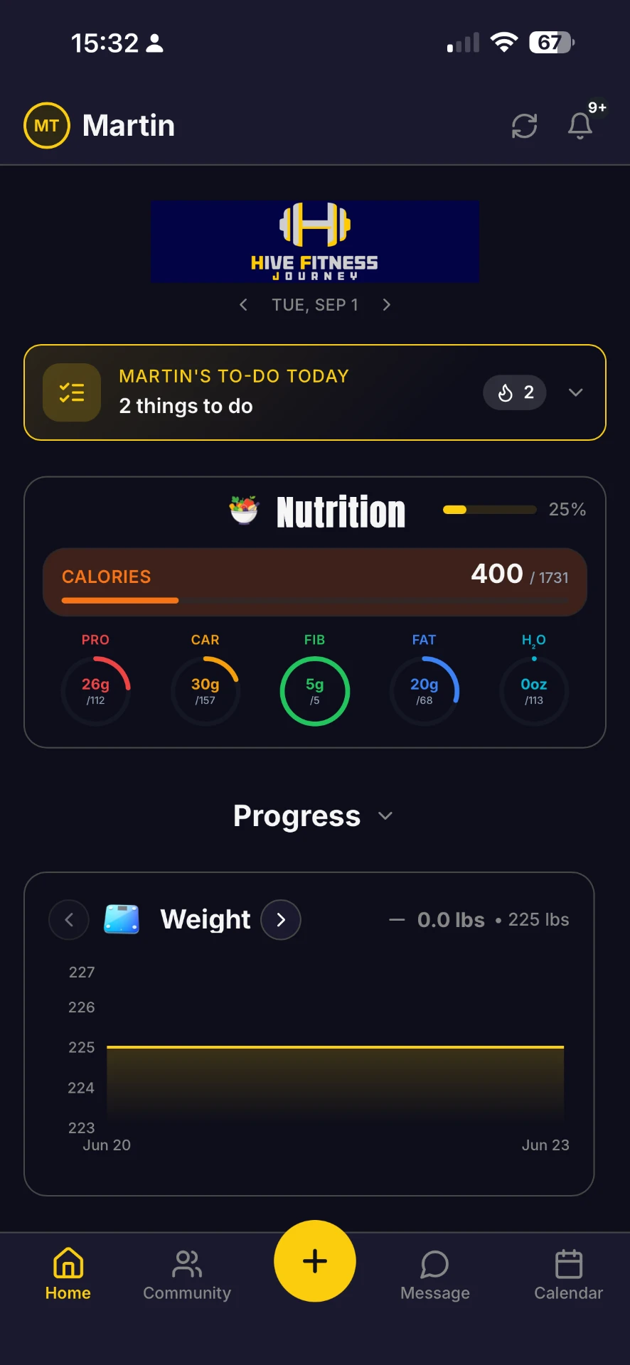Nutrition dashboard inside the Hive Fitness Journey app