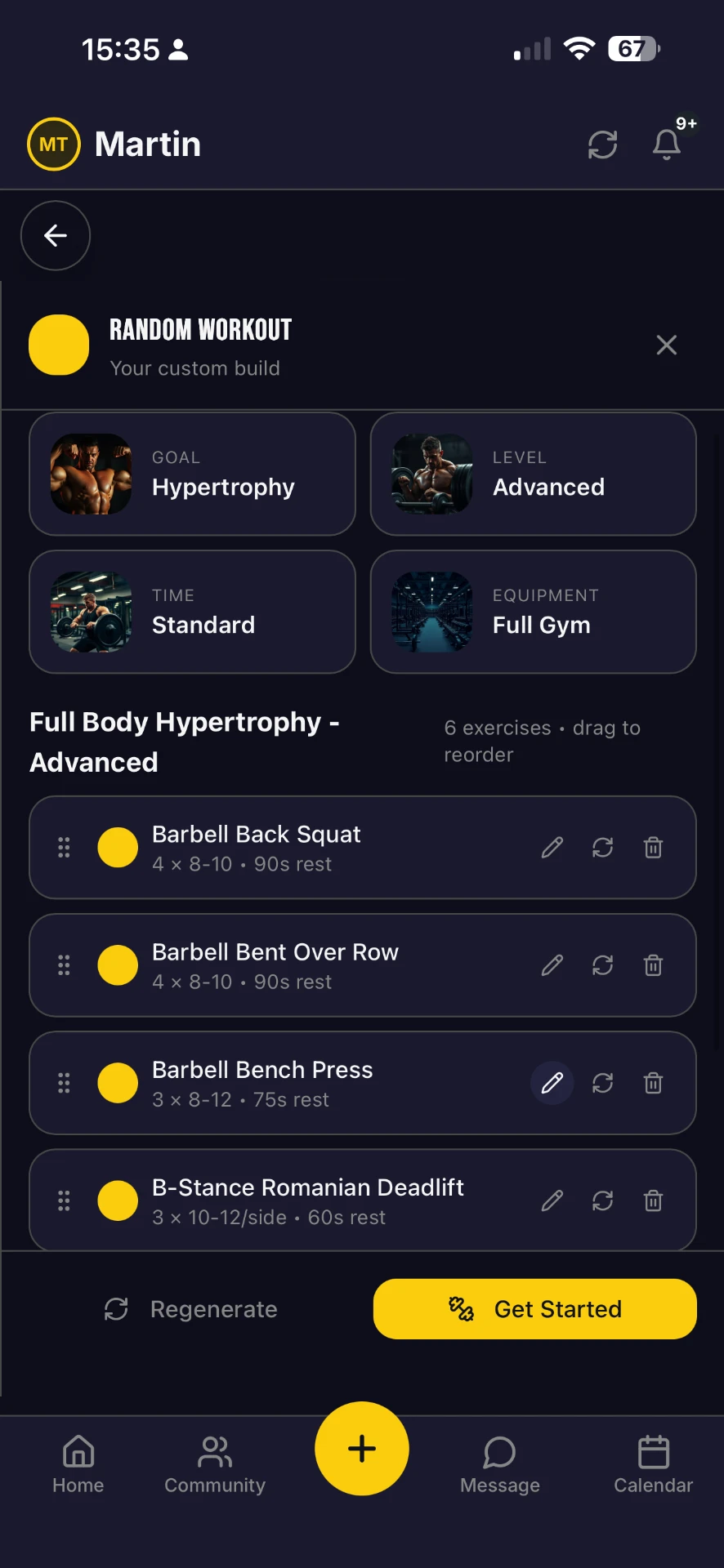 Hive Fitness Journey app workout screen with programmed exercises, sets, reps and rest