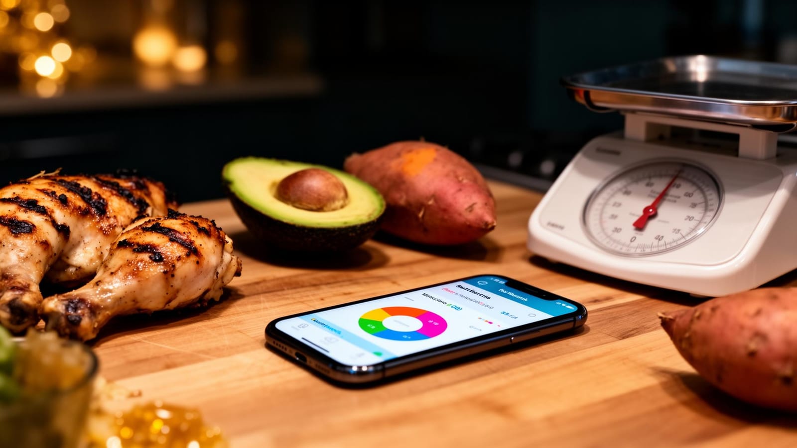 Macro tracking app on a phone next to grilled chicken, avocado, sweet potato, and a kitchen scale